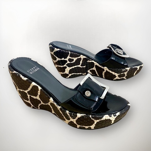 Stuart Weitzman Clipper Giraffe Slip On Platform Buckle Wedge Sandals, Size 7.5 - Picture 2 of 11